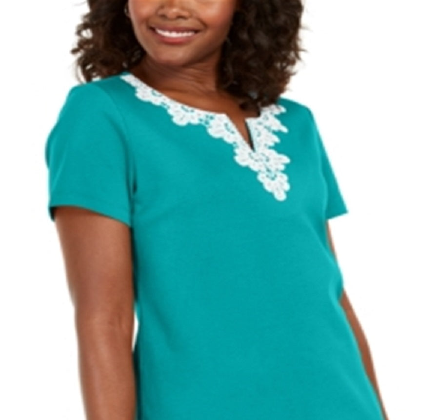 Karen Scott Women's Crochet Trim Split Neck Top Blue Size Medium
