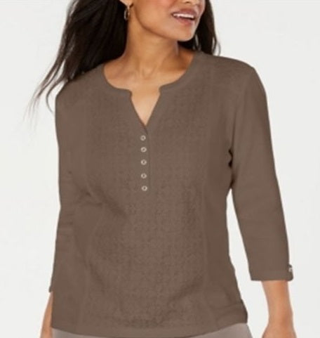 Karen Scott Plus Cotton Eyelet Henley Top -Brown- Size 2XL