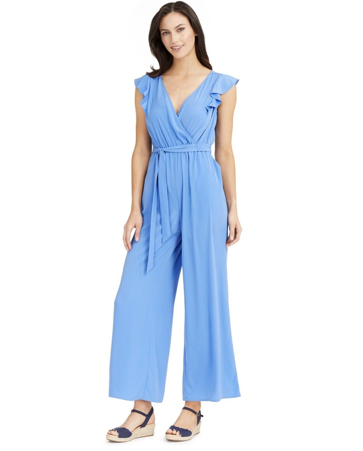 Charter Club Women's Flutter-Sleeve Cropped Jumpsuit  Blue Size 12