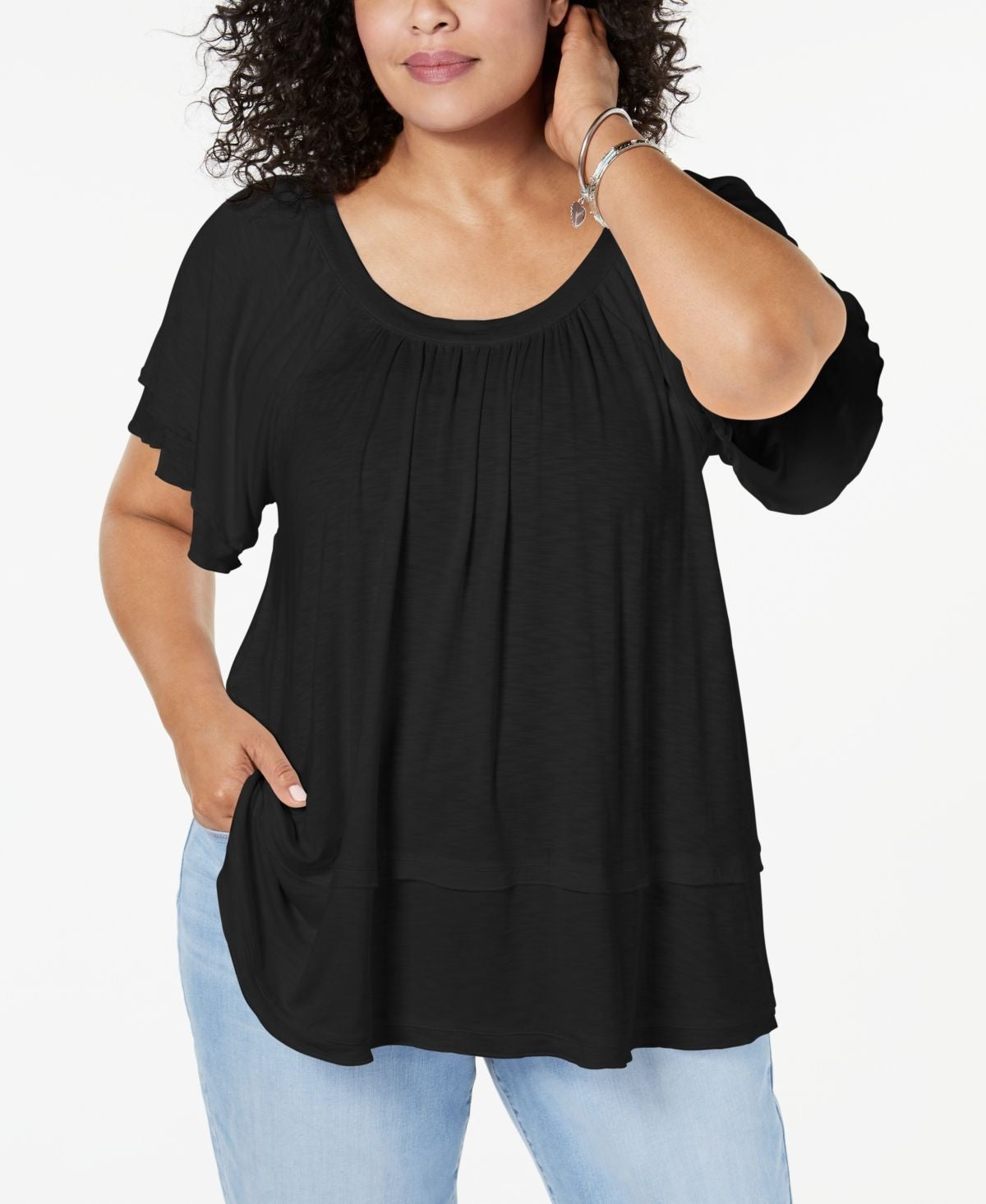 Style & Co Plus Flutter-Sleeve Swing-Hem Top Freshwater Black Size XS