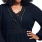 Seven7 Women's Blouses Caviar Semisheer Accent Lace up Long Sleeve Top Black Size 1X