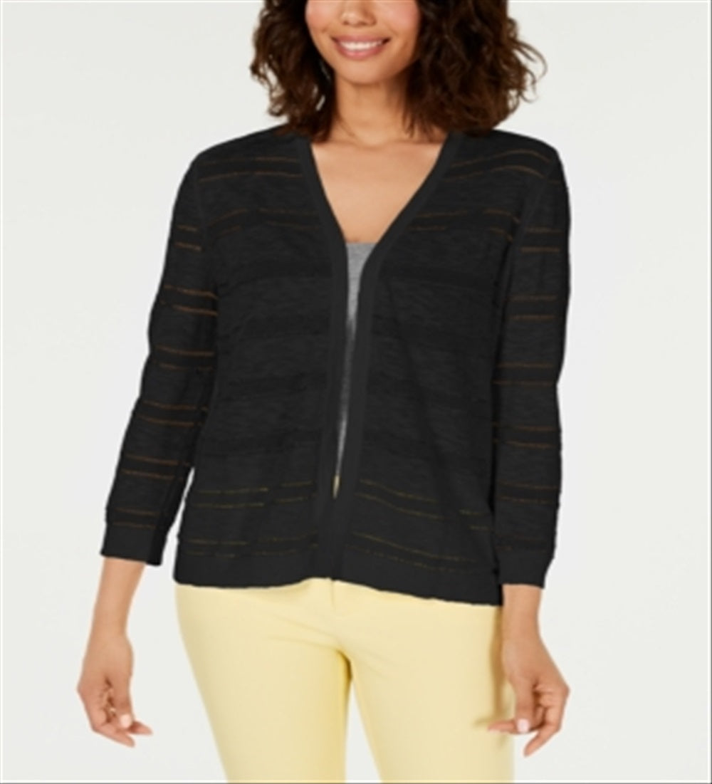 Charter Club Women's Pointelle Striped Cardigan Black Size Large