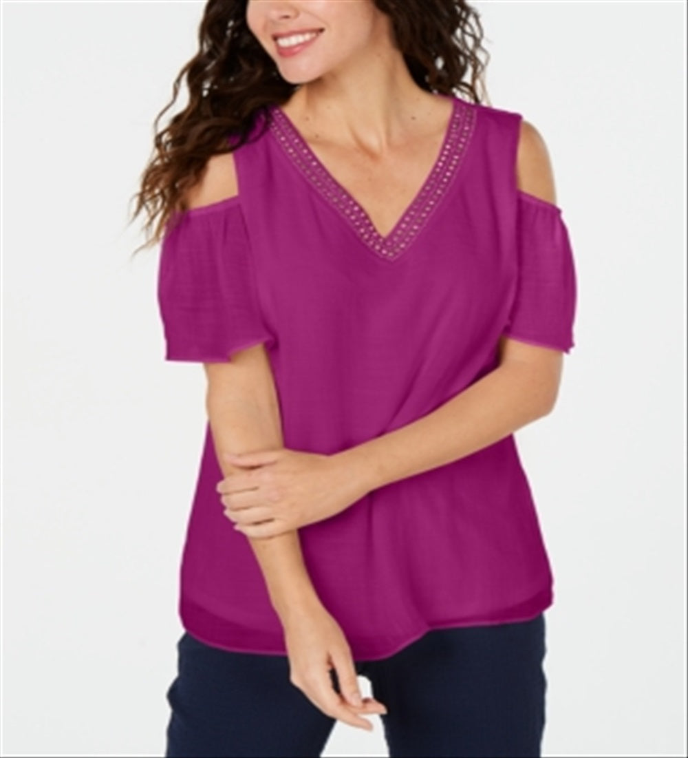 JM Collection Women's Studded Cold Shoulder Woven Top Pink Size Small