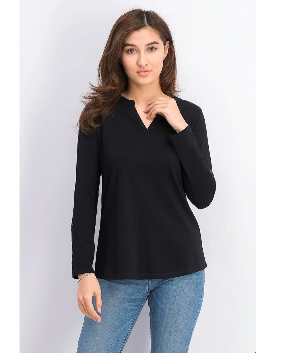 Charter Club Women's Supima  Split-Neck Top  Black Size Small