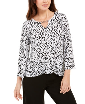 Jm Collection Women's Printed Chain-Keyhole Blouson Top White Size M