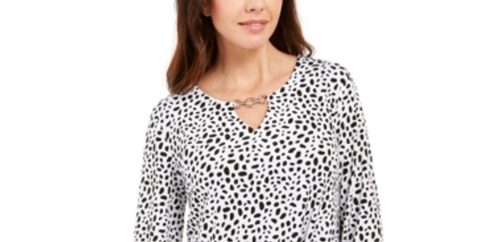 Jm Collection Women's Printed Chain-Keyhole Blouson Top White Size M