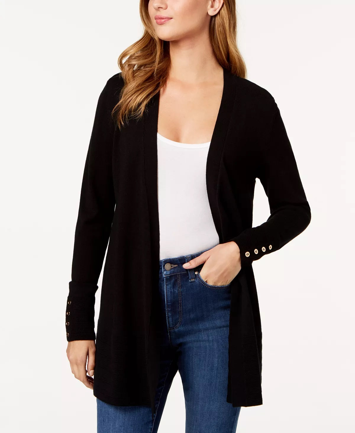Charter Club Women's Petite Button-Cuff Open-Front Deep Black Combo Size Petite L