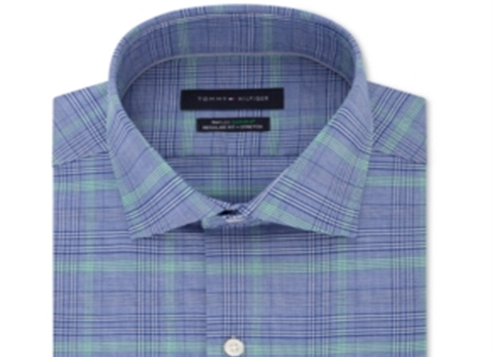 Tommy Hilfiger Men's Classic Regular Fit Non Iron THFlex Supima Performance Stretch Blue Check Dress Shirt Blue Size 16X34-35