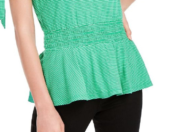 Maison Jules Women's Tie Sleeves Peplum Pullover Top Green Size Small