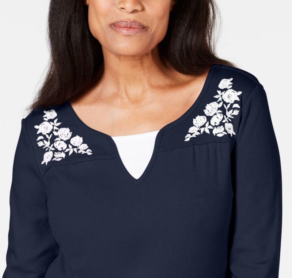 Karen Scott Women's Printed 3/4 Sleeve Jewel Neck T-Shirt Evening Top Blue Size Petite Medium