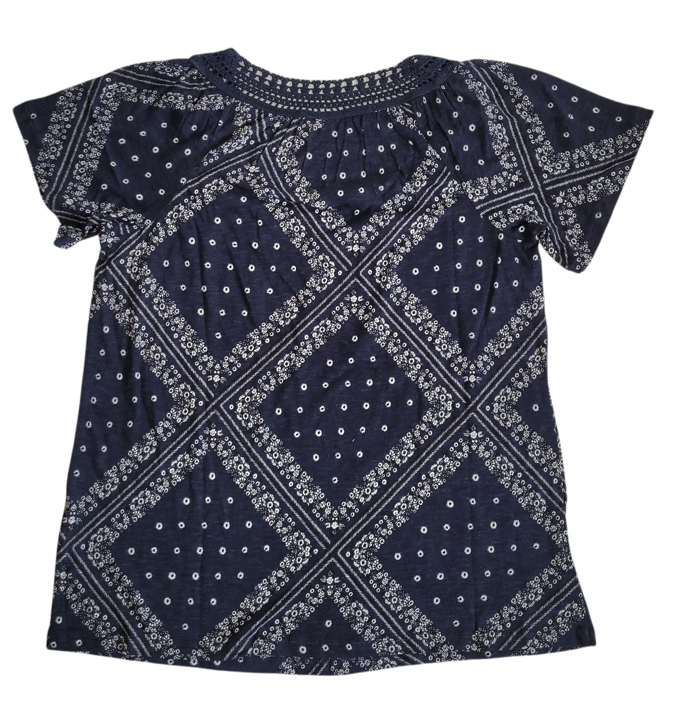 Style & Co Women's Bandanna Pattern Crochet Trim Knit Top Blue Size Medium