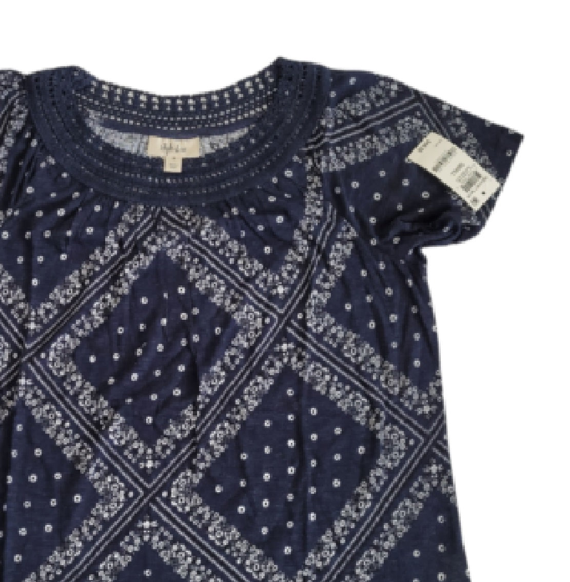 Style & Co Women's Bandanna Pattern Crochet Trim Knit Top Blue Size Medium