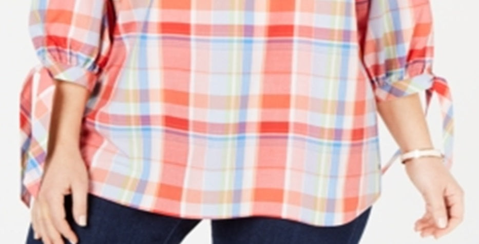 Tommy Hilfiger Women's Plaid Button Front Popover Blouses Orange Size XXXL