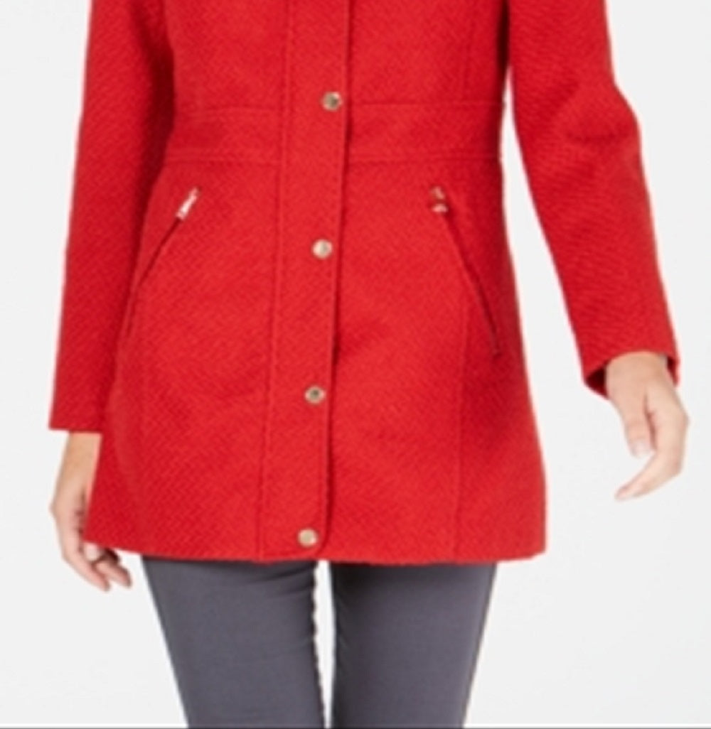 INC International Concepts Women's Faux Fur Trim Woven Coat Red Size Small