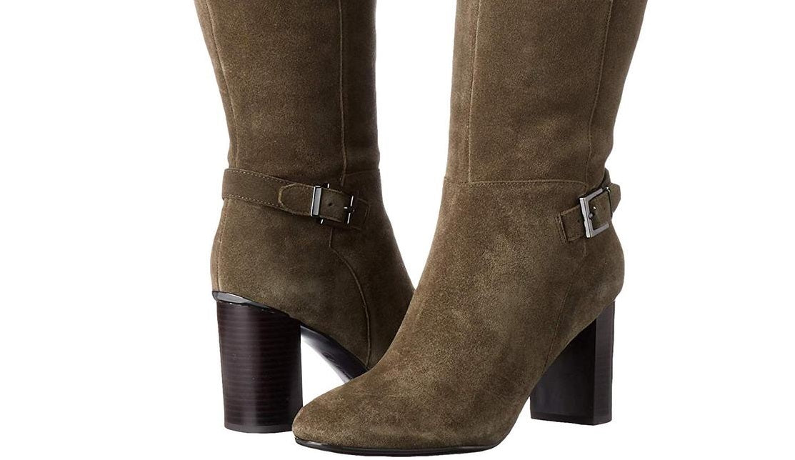 Bandolino Women's Metal Heel Accent Buckle Accent Cushioned Bilya Almond Toe Block Heel Zip up Leather Heeled Boots Green Size 9.5 M