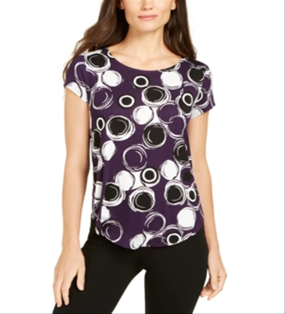 Alfani Women's Printed Round Hem T-Shirt Purple Size Petite L
