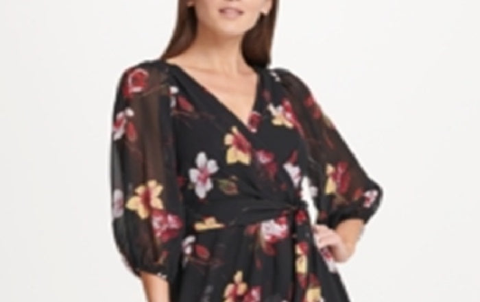 DKNY Women's Balloon Sleeve Chiffon MIDI Dress Gray Size 6