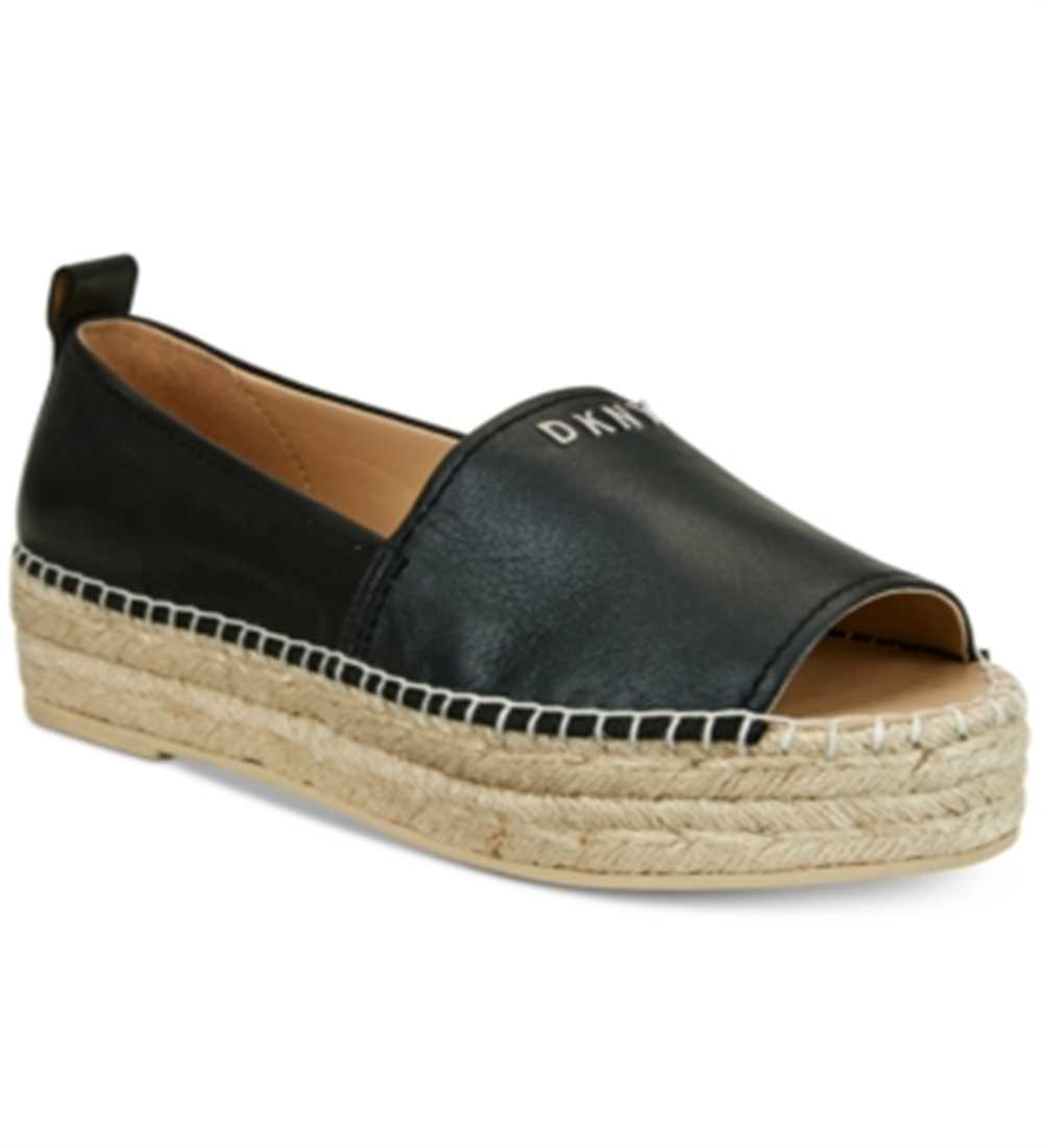 DKNY Women's Mer Leather Peep Toe Casual Espadrille Sandals Black Size 6.5
