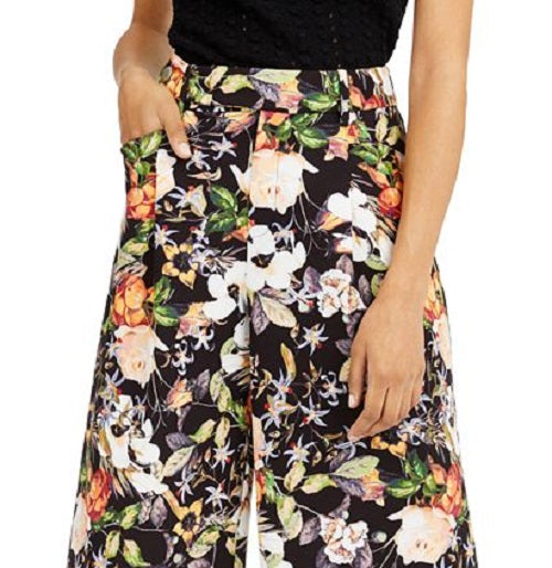 INC International Concepts Women's Pocketed Floral Wide Leg Pants Black Size 14