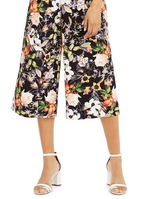 INC International Concepts Women's Pocketed Floral Wide Leg Pants Black Size 14
