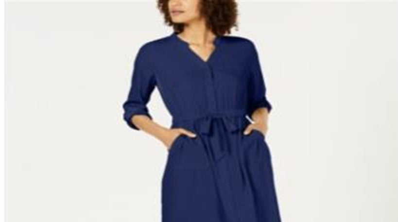 Alfani Women's 3/4 Sleeve Belted Shirtdress Blue Size 4 Petite