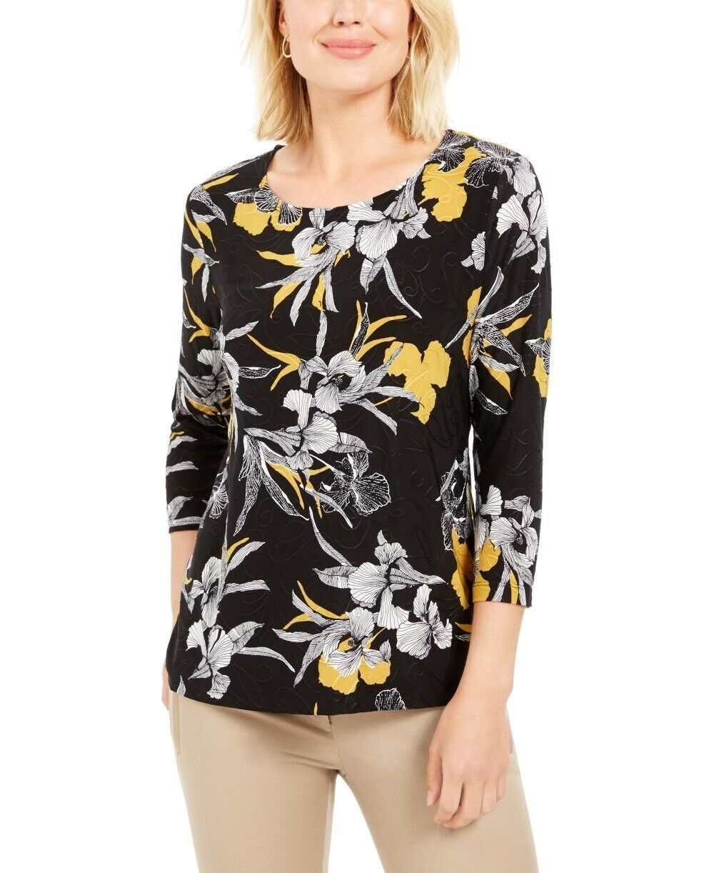 JM Collection Women's Printed Jacquard Top Black Size Petite Small