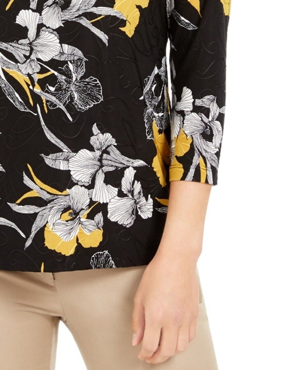 JM Collection Women's Printed Jacquard Top Black Size Petite Small