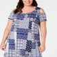 NY Collection Women's Plus Printed Cold Shoulder Maxi Dress Blue Size 3X
