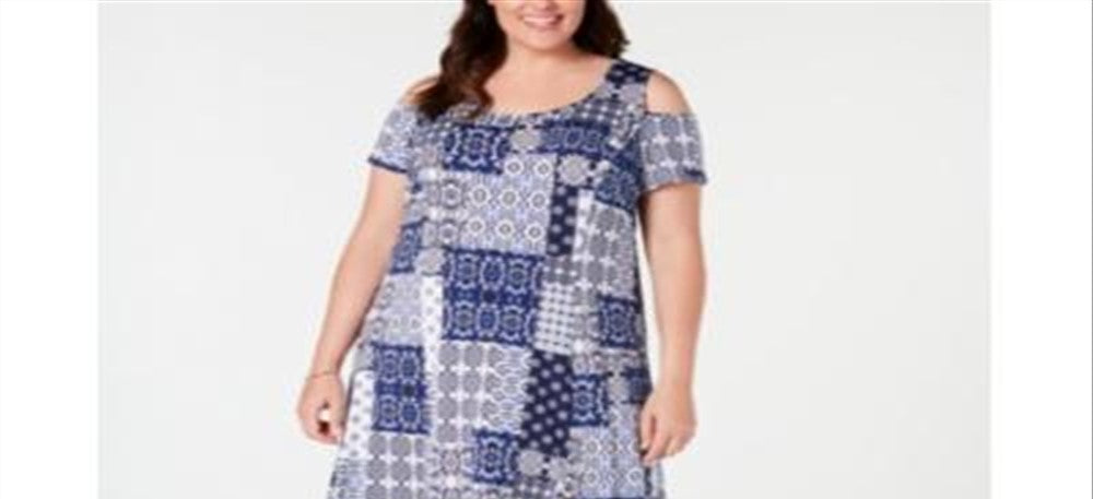 NY Collection Women's Plus Printed Cold Shoulder Maxi Dress Blue Size 3X