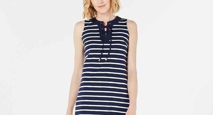 Charter Club Women's Lace Neck Striped Above the Knee Sheath Dress Blue Size Large