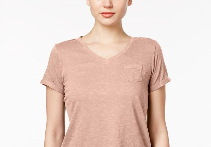 स्टाइल एंड को वी नेक पॉकेट टी-शर्ट पीली साइज़ पेटीट एल (Style & Co Women's V Neck Pocket T-Shirt Yellow Size Petite L)