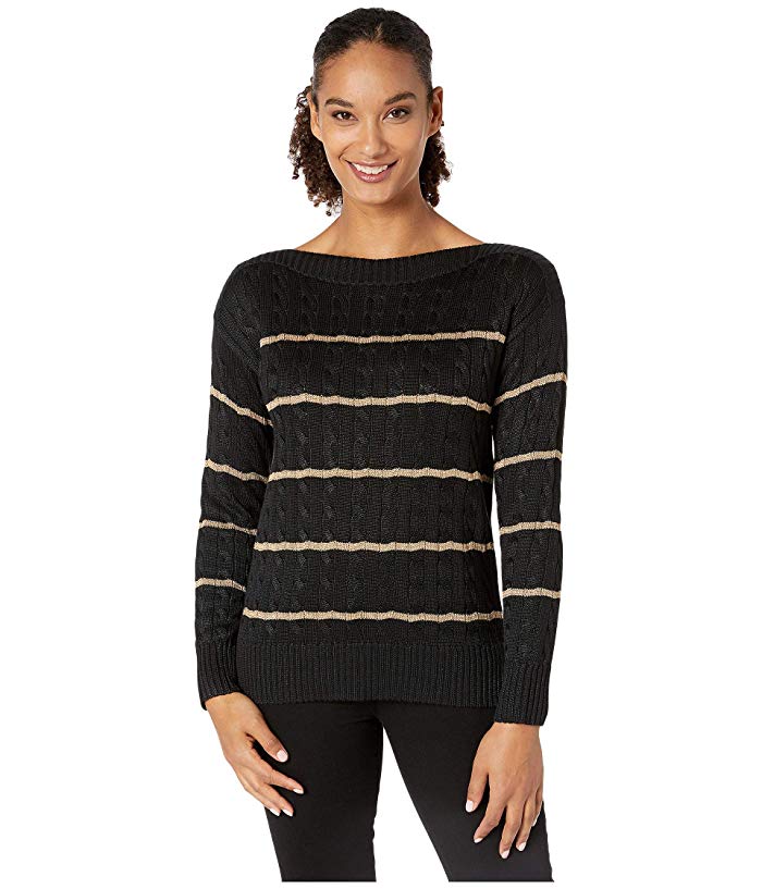 Ralph Lauren Women's Striped Cable Knit Sweater Black Size X-Small