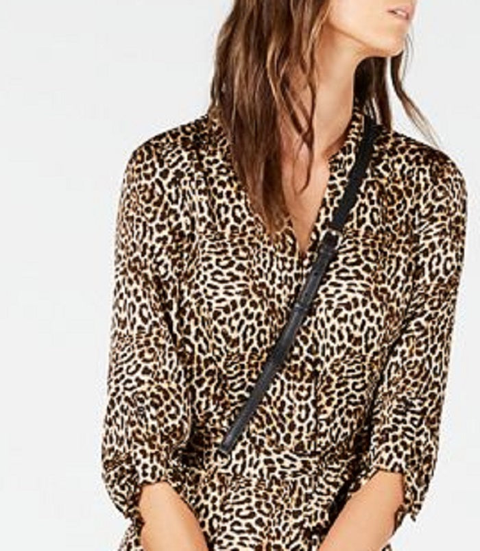 INC Women's Shirt Dress Leopard Print Elbow Sleeve Maxi Brown Size 4
