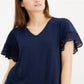 Charter Club Women's Lace Trim V Neck Top Blue Size Small