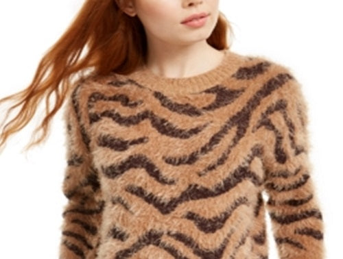 Hooked up by Iot Juniors' Fuzzy Zebra Sweater Brown Size Medium