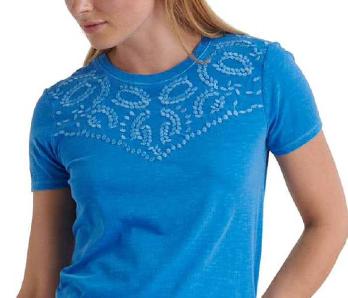 Lucky Brand Women's Embroidered Yoke Neck Tee Princess Blue Size Medium