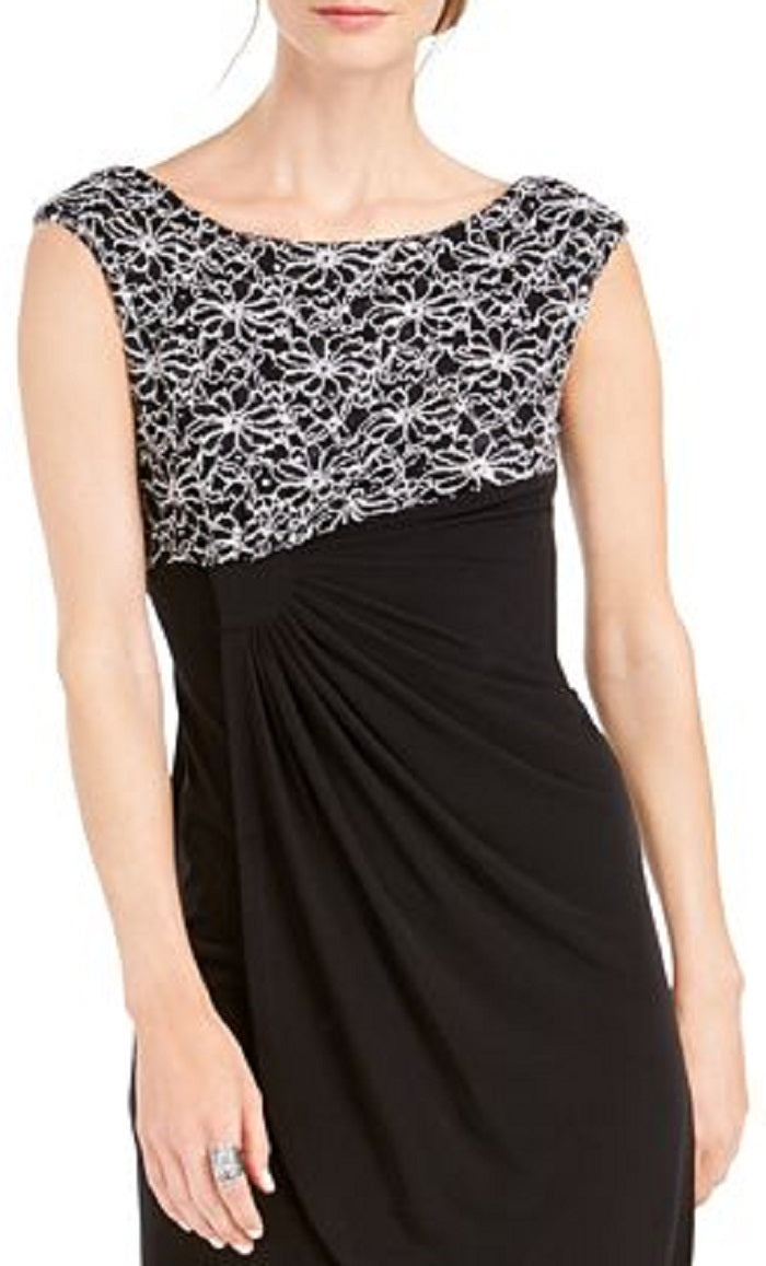 Connected Women's Ruched Sleeveless Jewel Neck Short Sheath Cocktail Dress Black Size 14 Petite