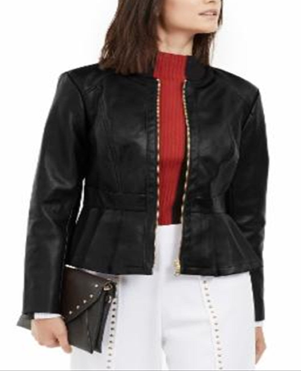 INC International Concepts Women's Faux Leather Peplum Jacket Black Size Medium
