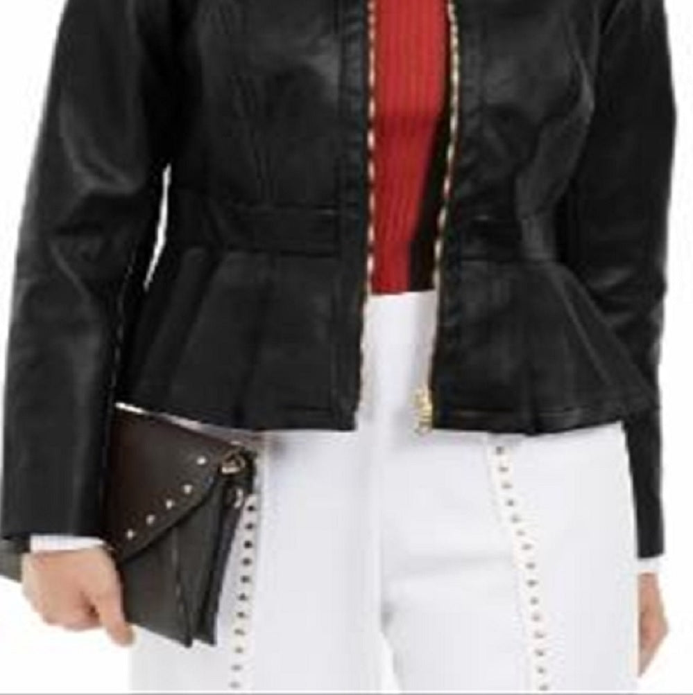 INC International Concepts Women's Faux Leather Peplum Jacket Black Size Medium
