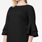 Calvin Klein Women's Ruffled Sleeves Bell Sleeve Jewel Neck Knee Length Body Con Evening Dress Black Size 14W