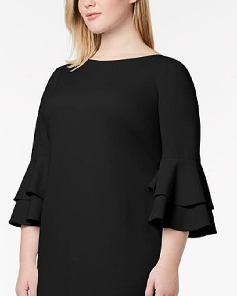 Calvin Klein Women's Ruffled Sleeves Bell Sleeve Jewel Neck Knee Length Body Con Evening Dress Black Size 14W