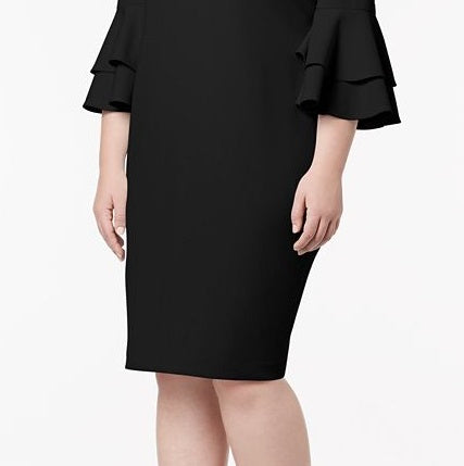Calvin Klein Women's Ruffled Sleeves Bell Sleeve Jewel Neck Knee Length Body Con Evening Dress Black Size 14W