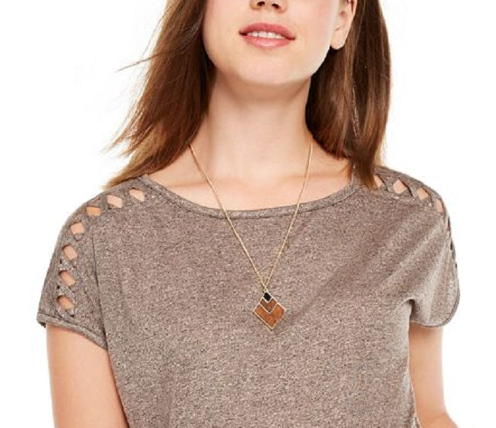 BCX Junior's Lattice Sleeve Top Brown Size Medium
