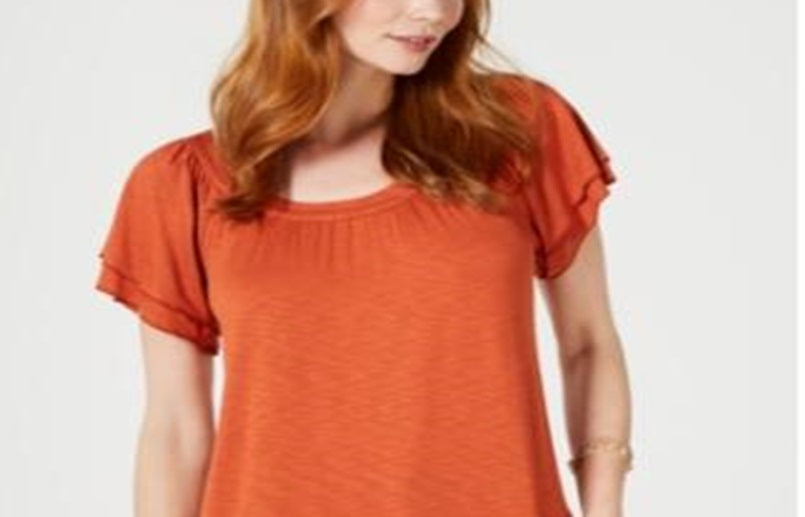 Style & Co Women's Tiered Flutter Sleeve Top Orange Size Medium