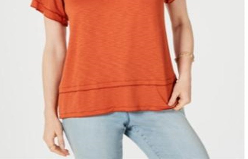 Style & Co Women's Tiered Flutter Sleeve Top Orange Size Medium