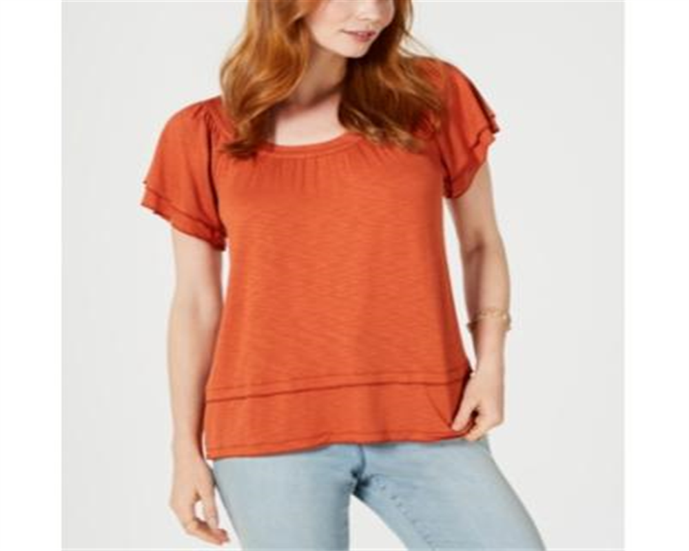 Style & Co Women's Tiered Flutter Sleeve Top Orange Size Medium