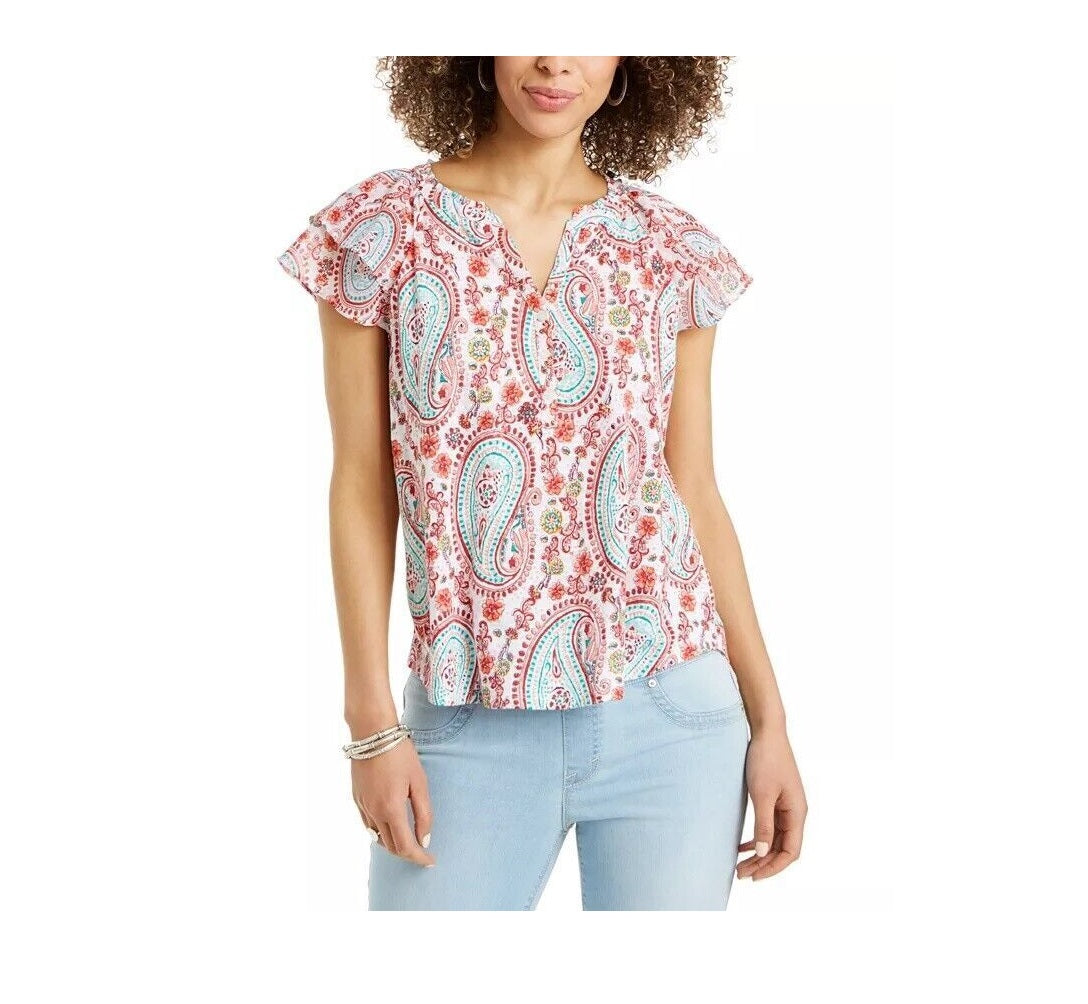 Style & Co Women's Printed Top  White Size XS