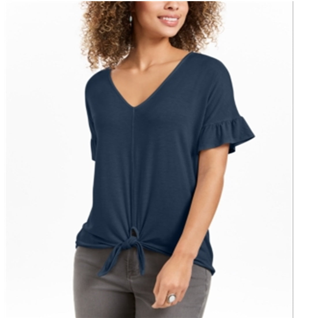 Style & Co Women's Flutter-Sleeve Tie-Front Top  Blue Size Small