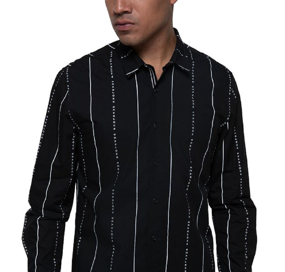 Sean John Men's Striped Logo Shirt Black Size Large