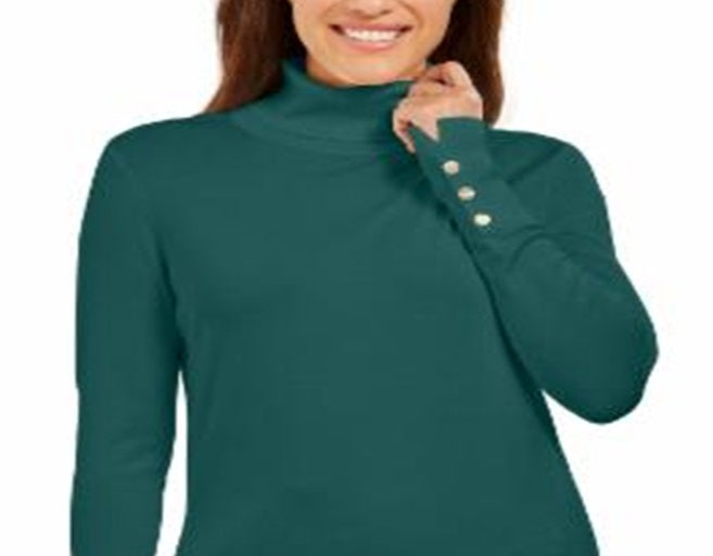 JM Collection Women Stud-Sleeve Pullover Turtleneck Sweater Green Size Small